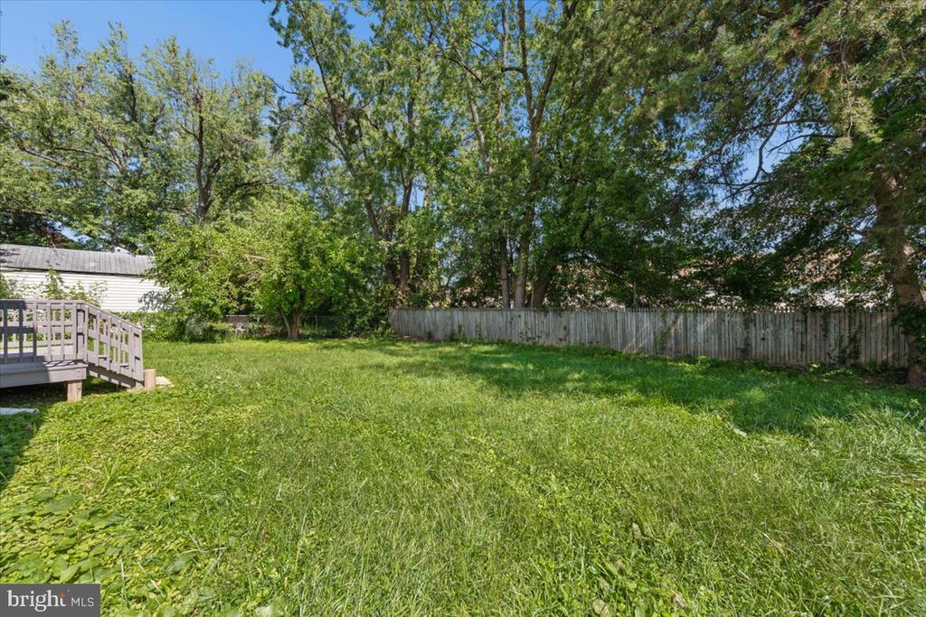 Grassy backyard with mature trees, a wooden fence, and part of a raised deck.