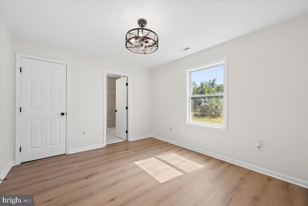 Empty room with light wood-look flooring, a window, and a cage-style ceiling light.