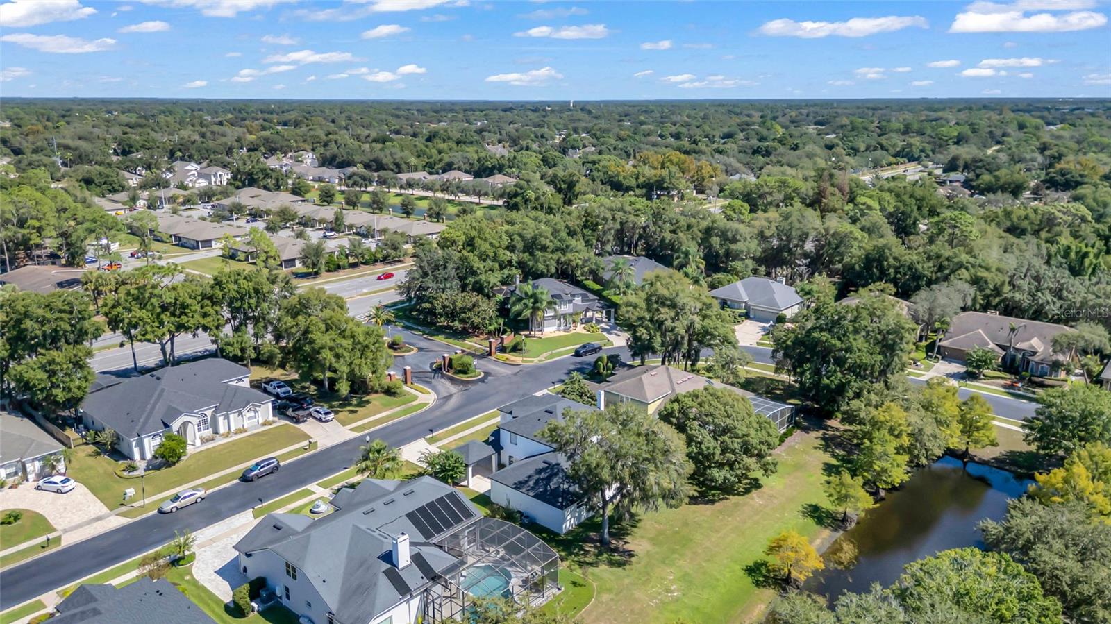 Aerial view of homes among mature trees, with a small pond beside the neighborhood.