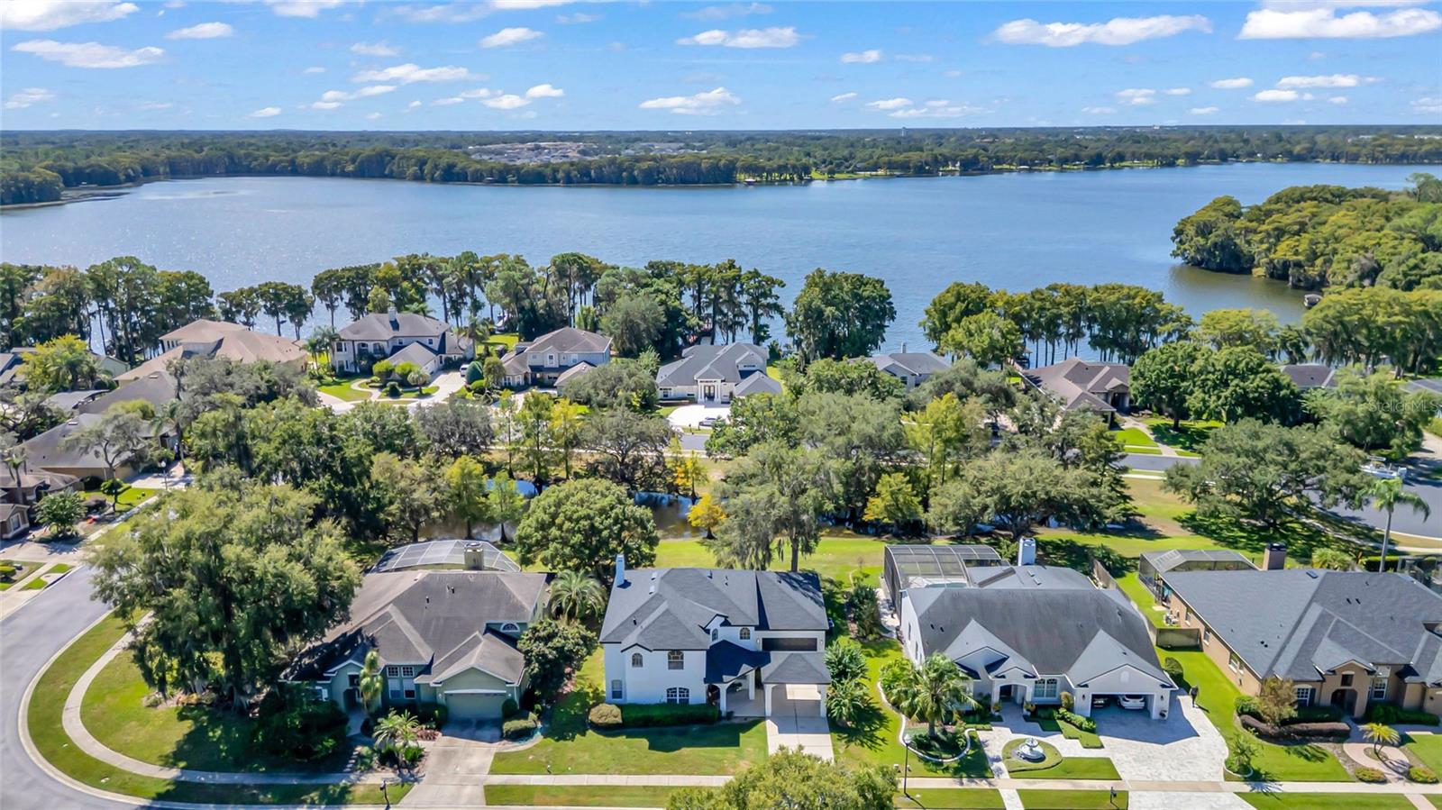 Aerial view of lakefront homes and tree-lined shoreline on a sunny day.
