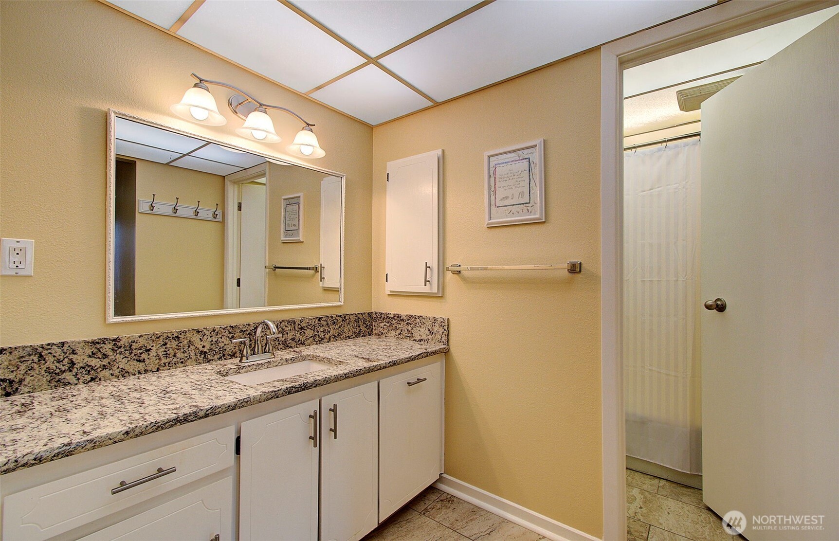 Bathroom vanity with granite countertop, large mirror, white cabinets, and a shower behind an open door.