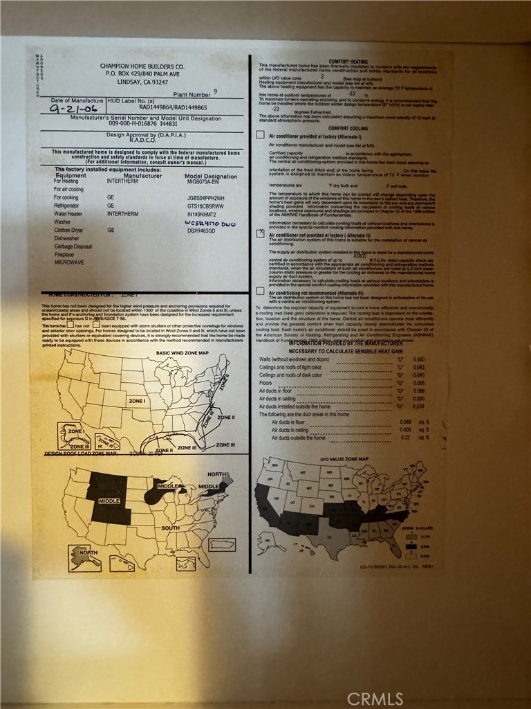 Manufactured-home information label with Champion Home Builders details, specifications, and U.S. climate-zone maps.