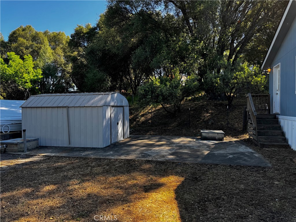 Property yard with a metal storage shed, concrete patio, and mature trees beside a blue-sided home.