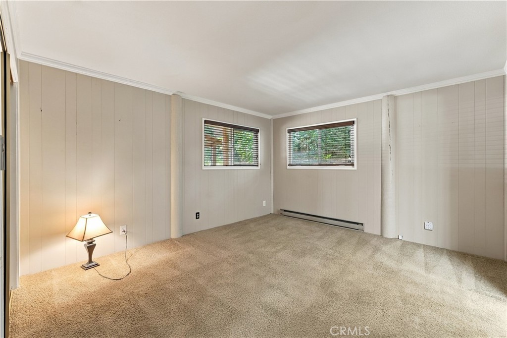 Empty carpeted room with beige paneled walls, two windows, and a baseboard heater.