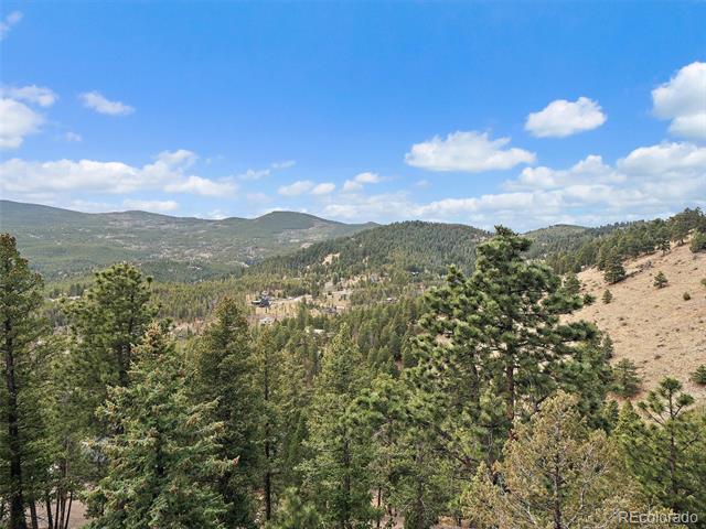 Mountain valley view with pine-covered hills beneath a blue, cloud-dotted sky.