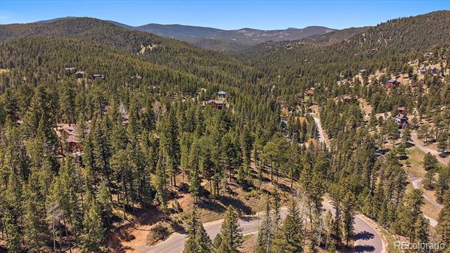 Aerial view of a forested mountain neighborhood with scattered homes and winding roads.