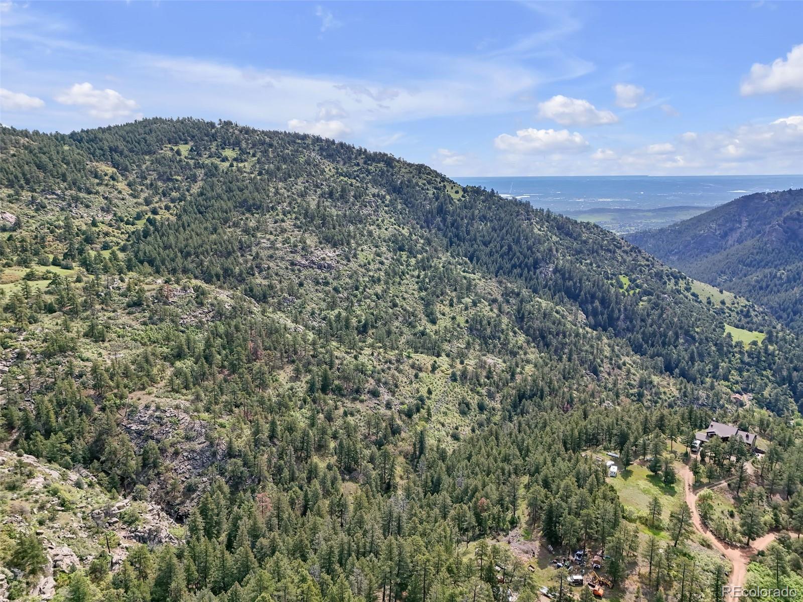 Aerial view of forested mountain land, valley, dirt road, and scattered homes.