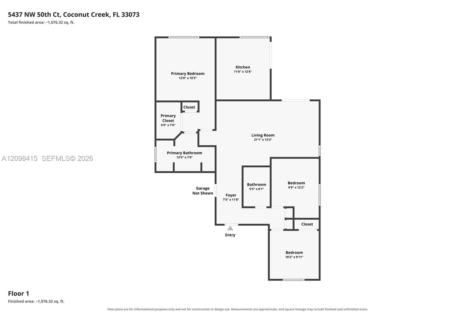 Floor plan of a 1,076-square-foot home with three bedrooms, two bathrooms, a kitchen, and living room.