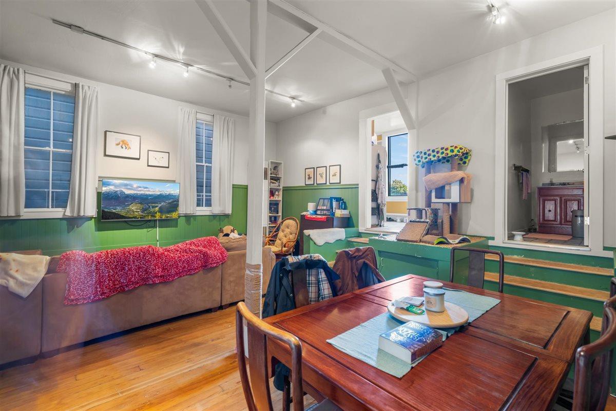 Living and dining area with green paneled walls, hardwood floors, and a raised platform with cat furniture.