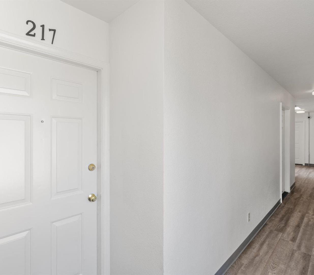 Apartment hallway with a white paneled door numbered 217 and wood-look flooring.