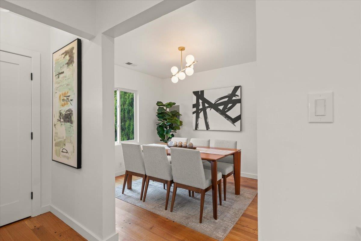 Dining room with a wood table, upholstered chairs, abstract art, and a leafy plant.