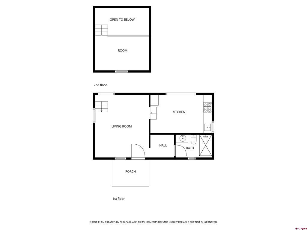Two-story floor plan showing a living room, kitchen, bathroom, porch, and upper-level room open to below.