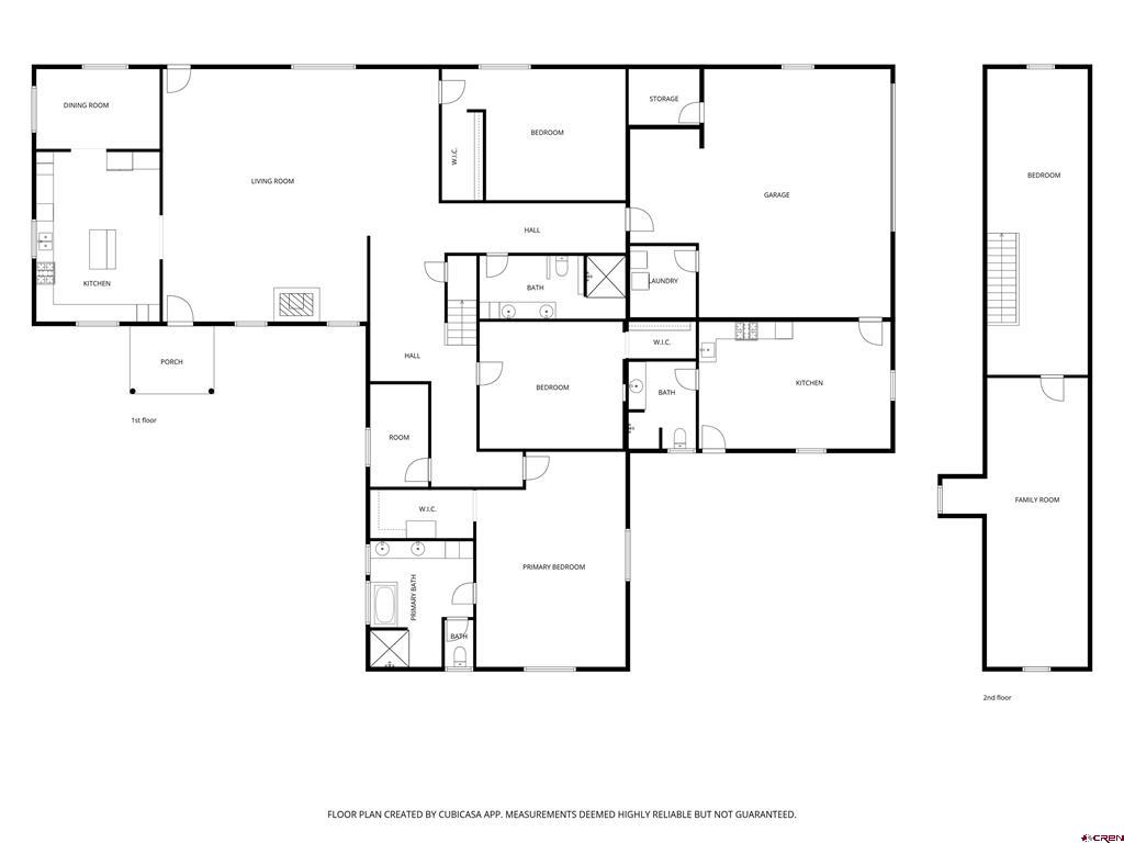 Two-floor home plan with labeled rooms, including a porch, garage, primary bedroom, and family room.