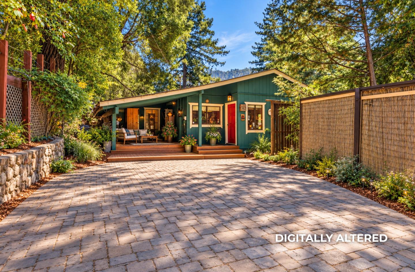 Teal home with a red front door, covered patio, and paved courtyard among tall trees.