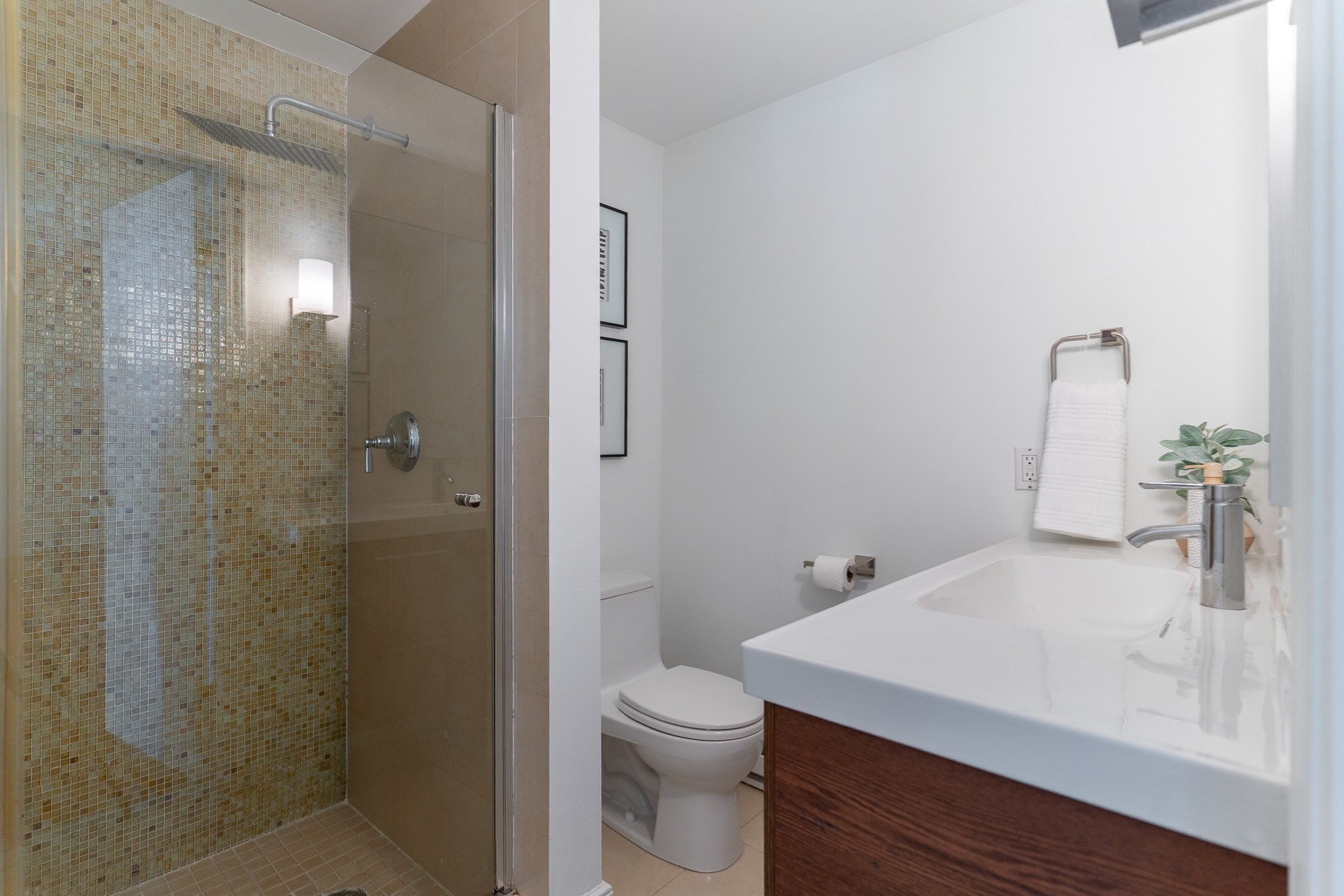 Modern bathroom with a mosaic-tile glass shower, white toilet, and wide sink on a dark wood vanity.