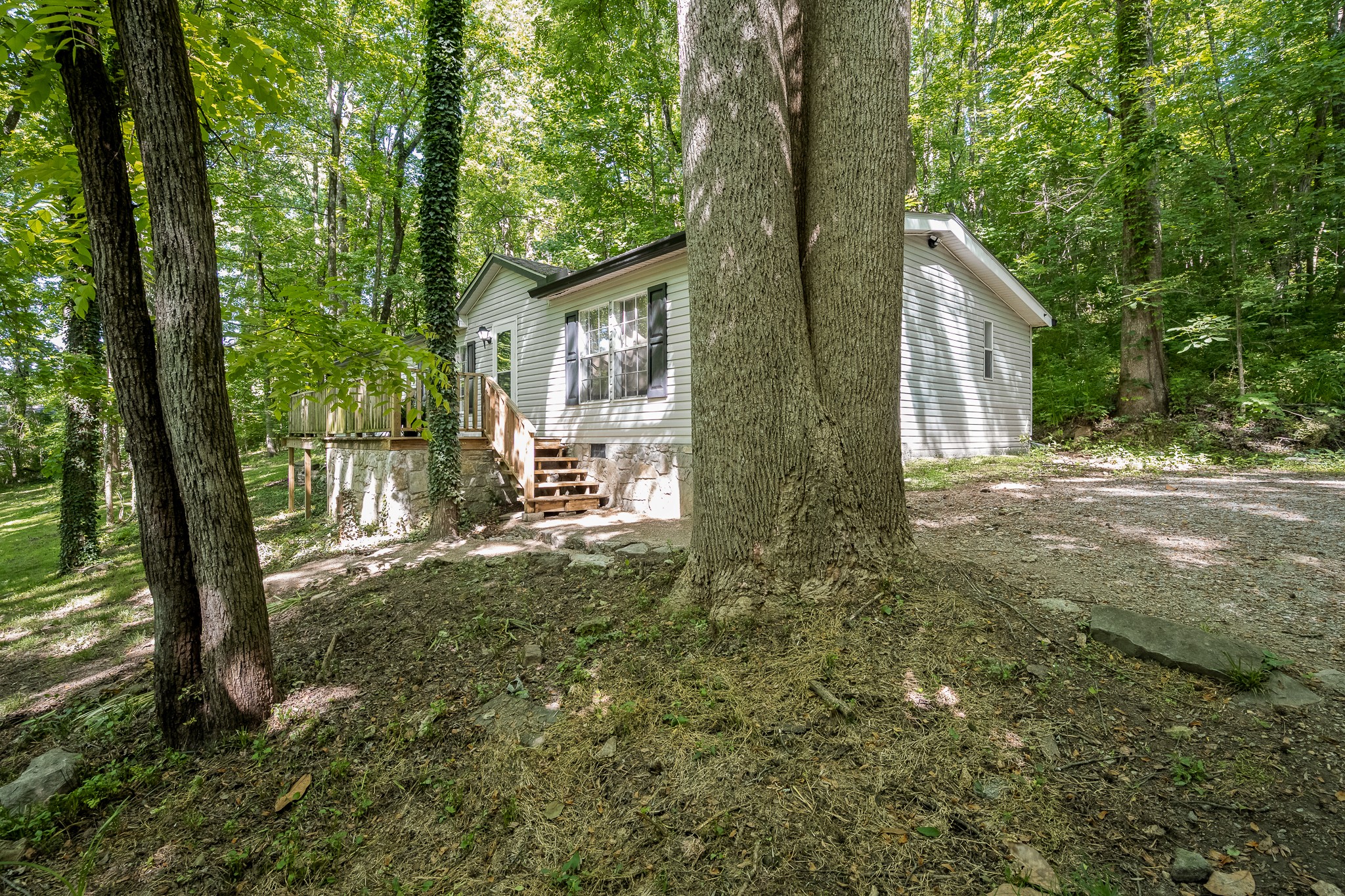 Wooded home with a raised deck, stone foundation, and gravel driveway, partly obscured by a large tree.
