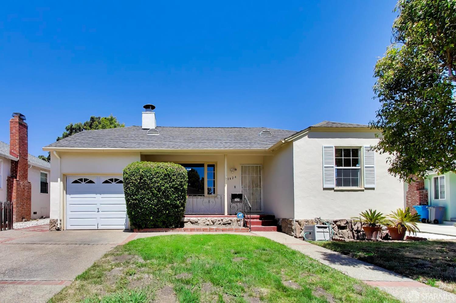 Single-story house with an attached garage, trimmed hedge, and front lawn at 1424 Park Avenue.
