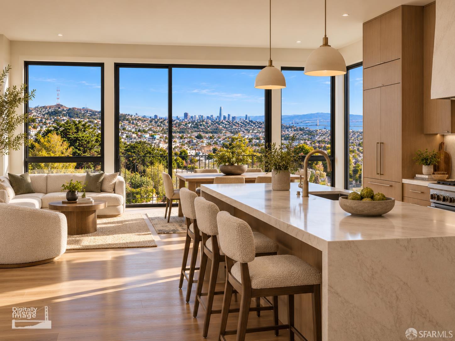Open-plan kitchen and living room with expansive windows overlooking San Francisco and the bay.