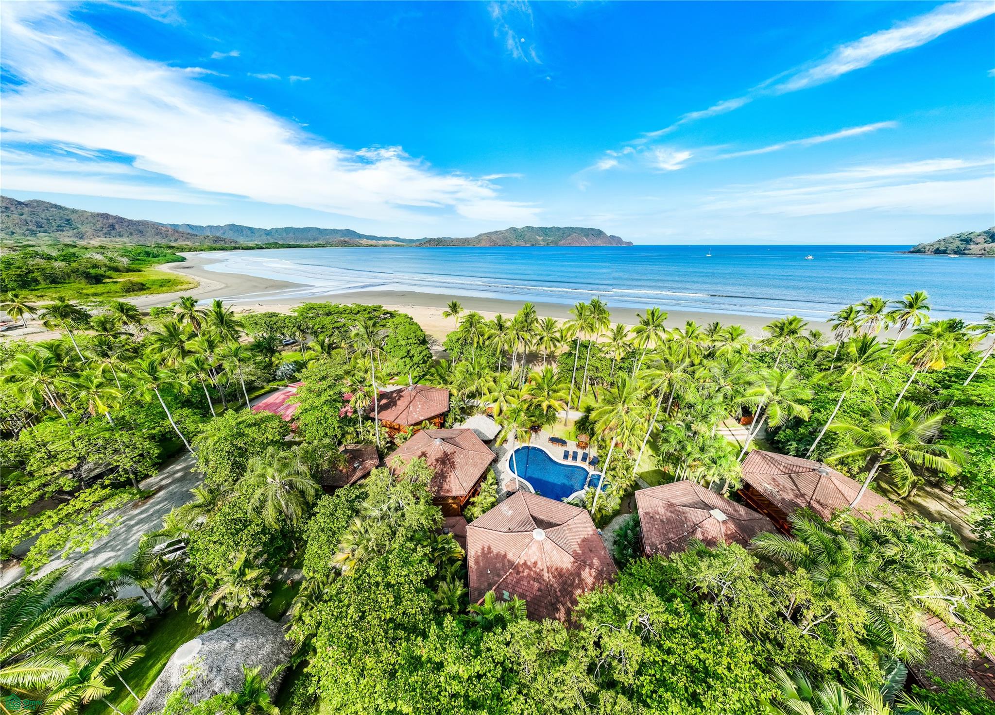 Aerial view of palm-shaded beachfront villas with a pool, sandy shore, and blue ocean.