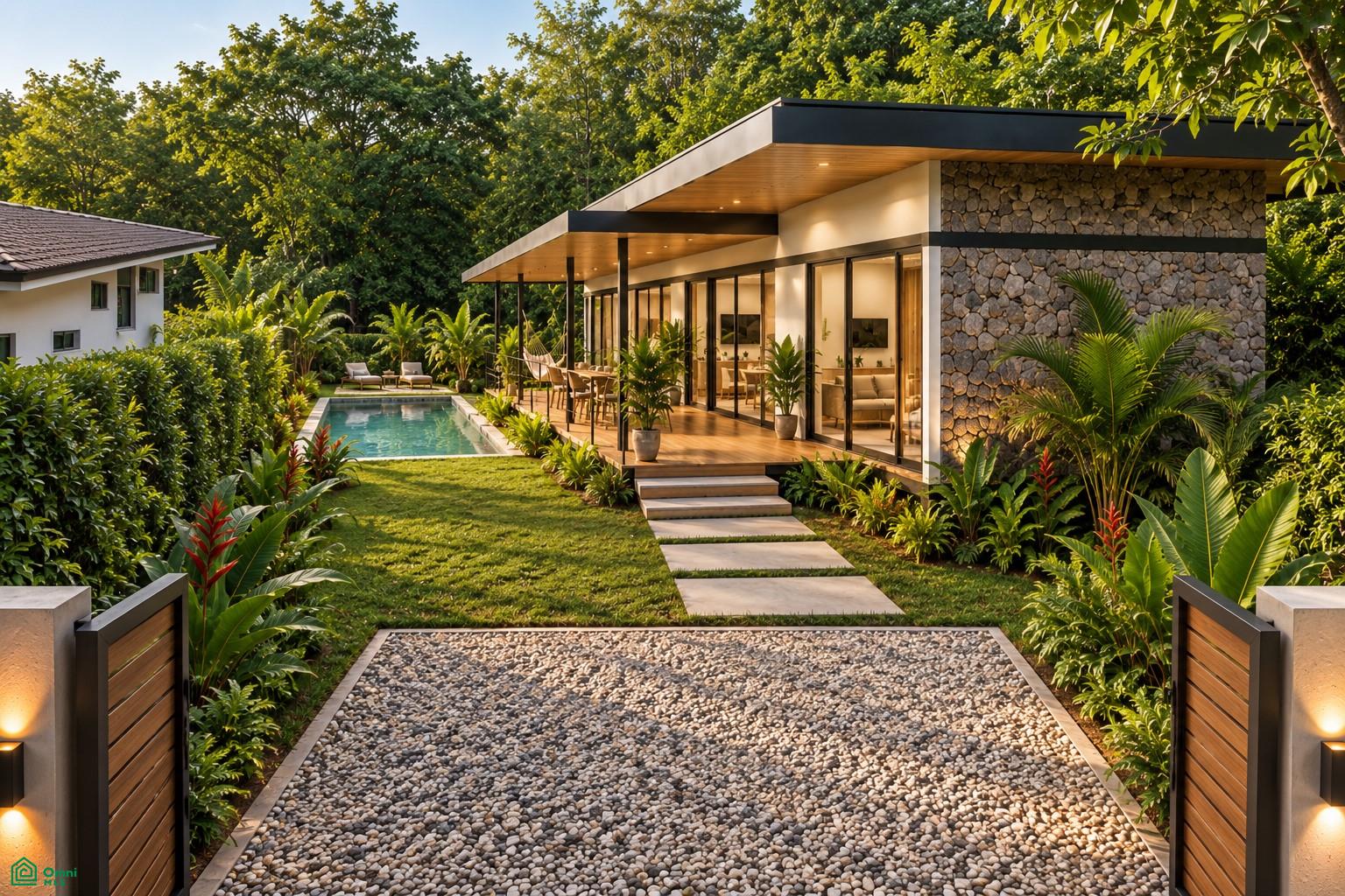 Modern tropical house with a stone accent wall, glass patio, swimming pool, and lush garden.