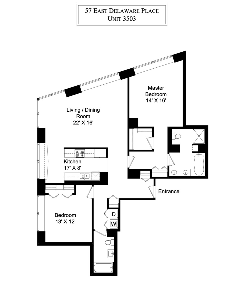 Floor plan of Unit 3503 at 57 East Delaware Place, with two bedrooms, kitchen, and living/dining room.