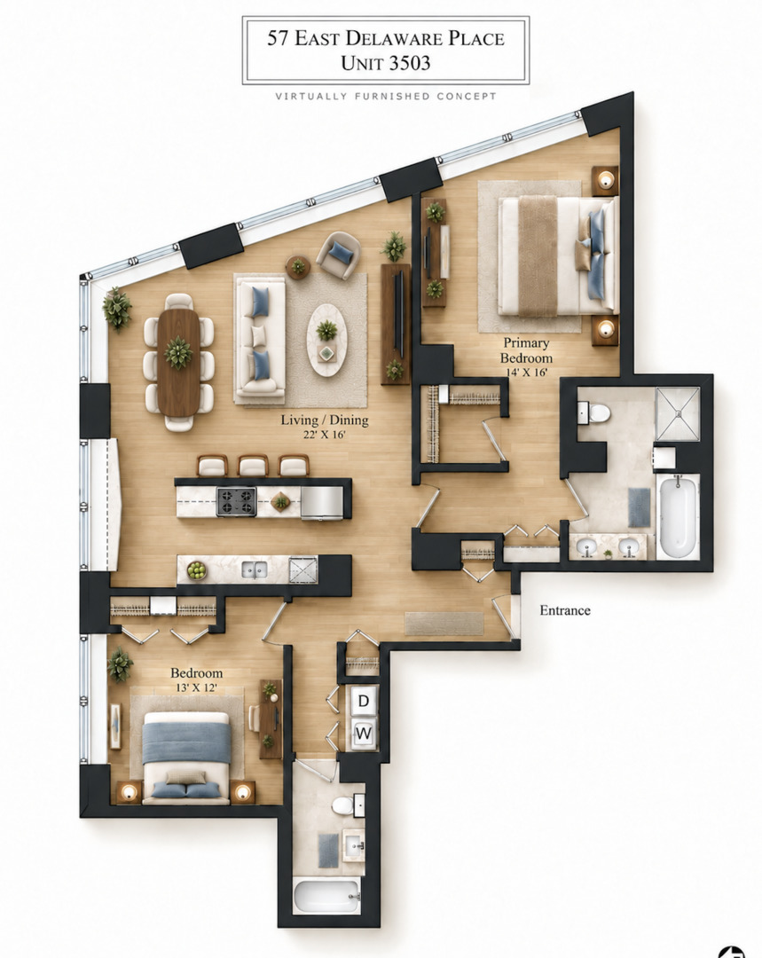 Virtually furnished floor plan of a two-bedroom condo with an angled living and dining area.
