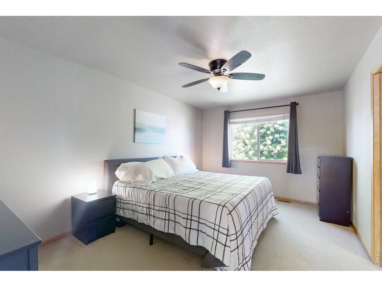 Bedroom with plaid bedding, a ceiling fan, and a sunlit window framed by dark curtains.