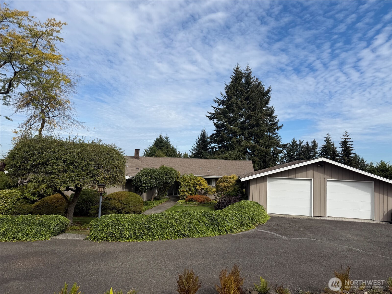Single-story home with a two-car garage, landscaped shrubs, and tall evergreen trees.