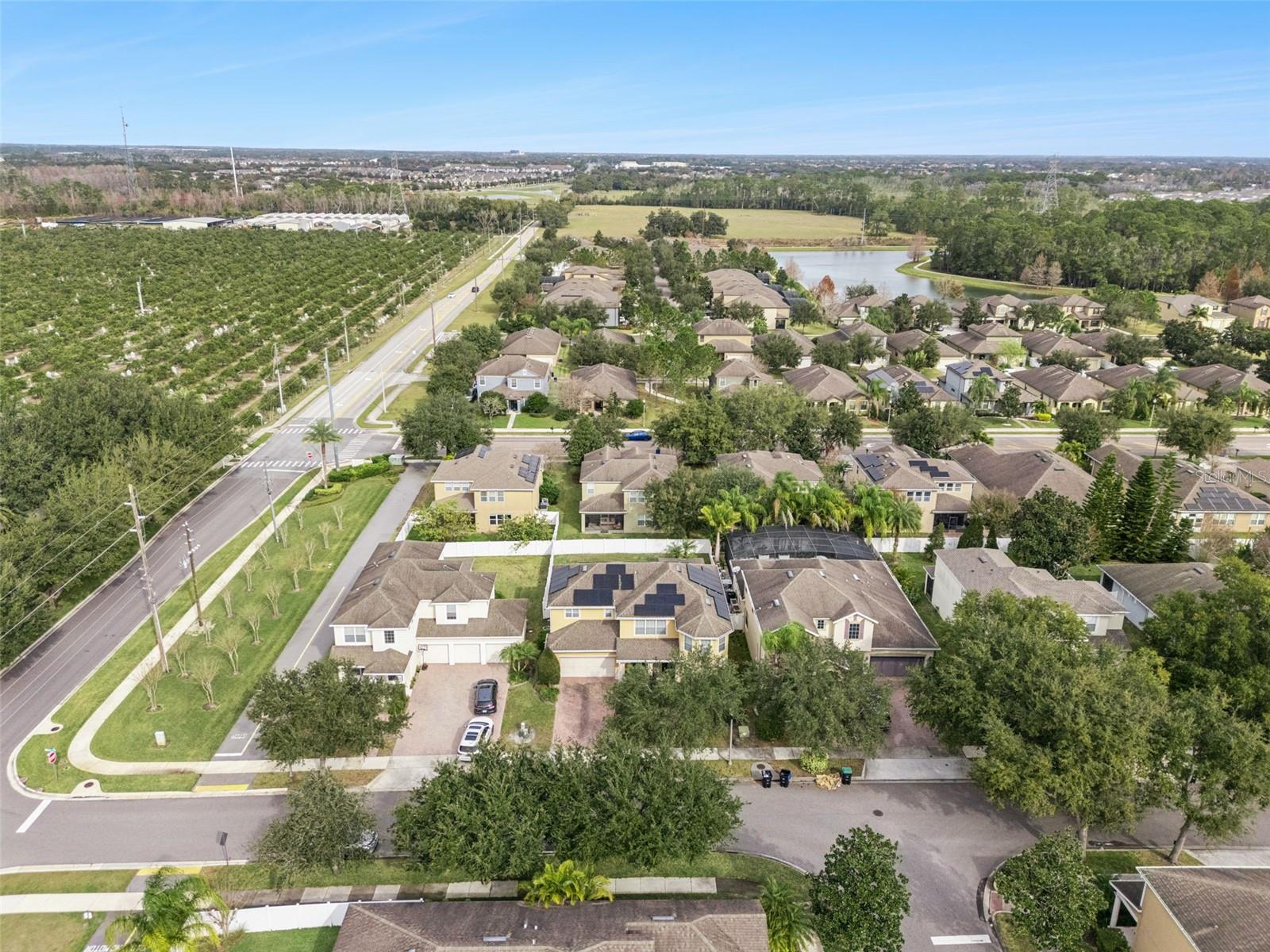 Aerial view of a residential neighborhood beside a road, with a lake and green fields beyond.