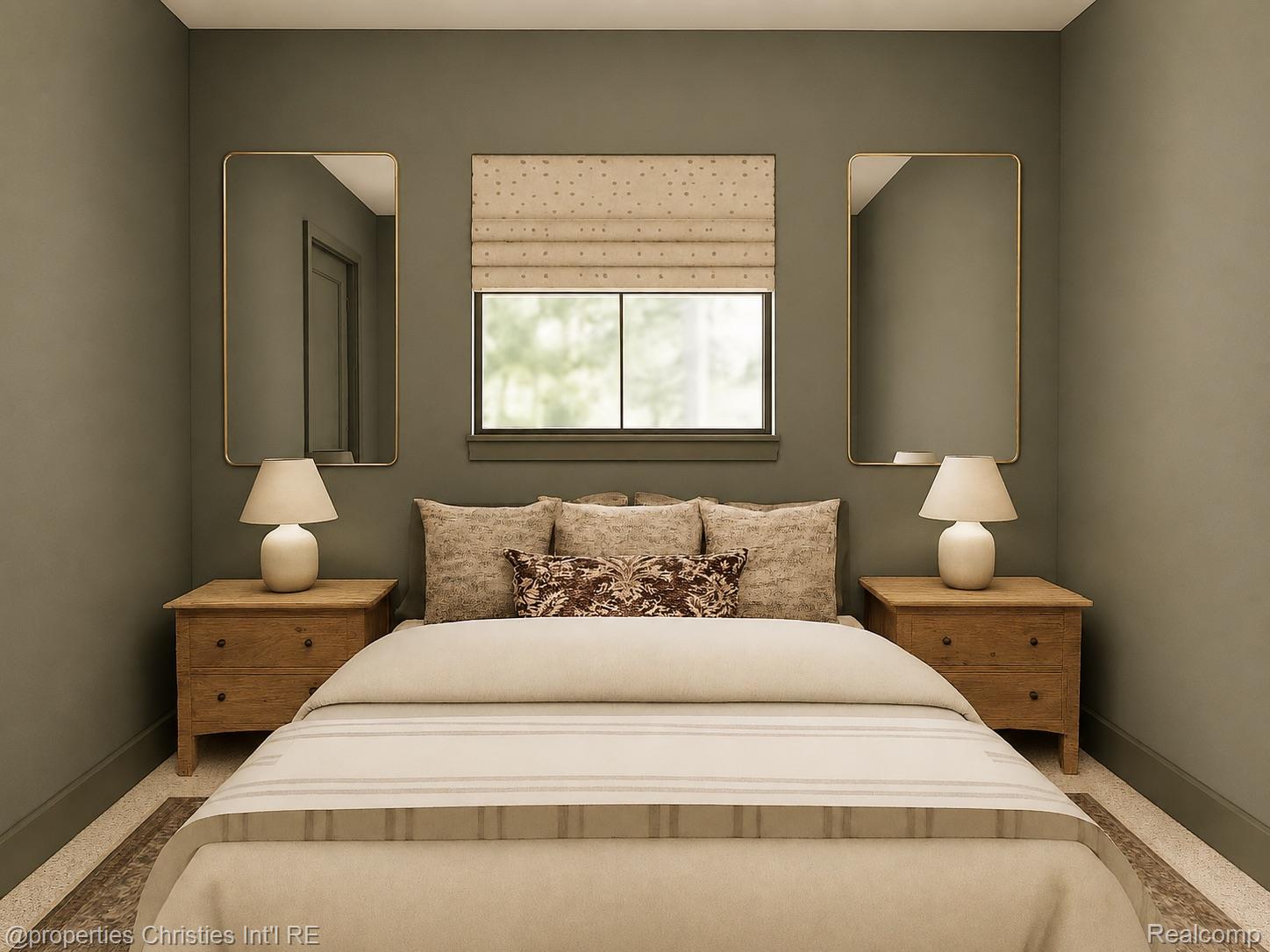 Bedroom with a neatly made bed, matching wooden nightstands, tall mirrors, and a shaded window.