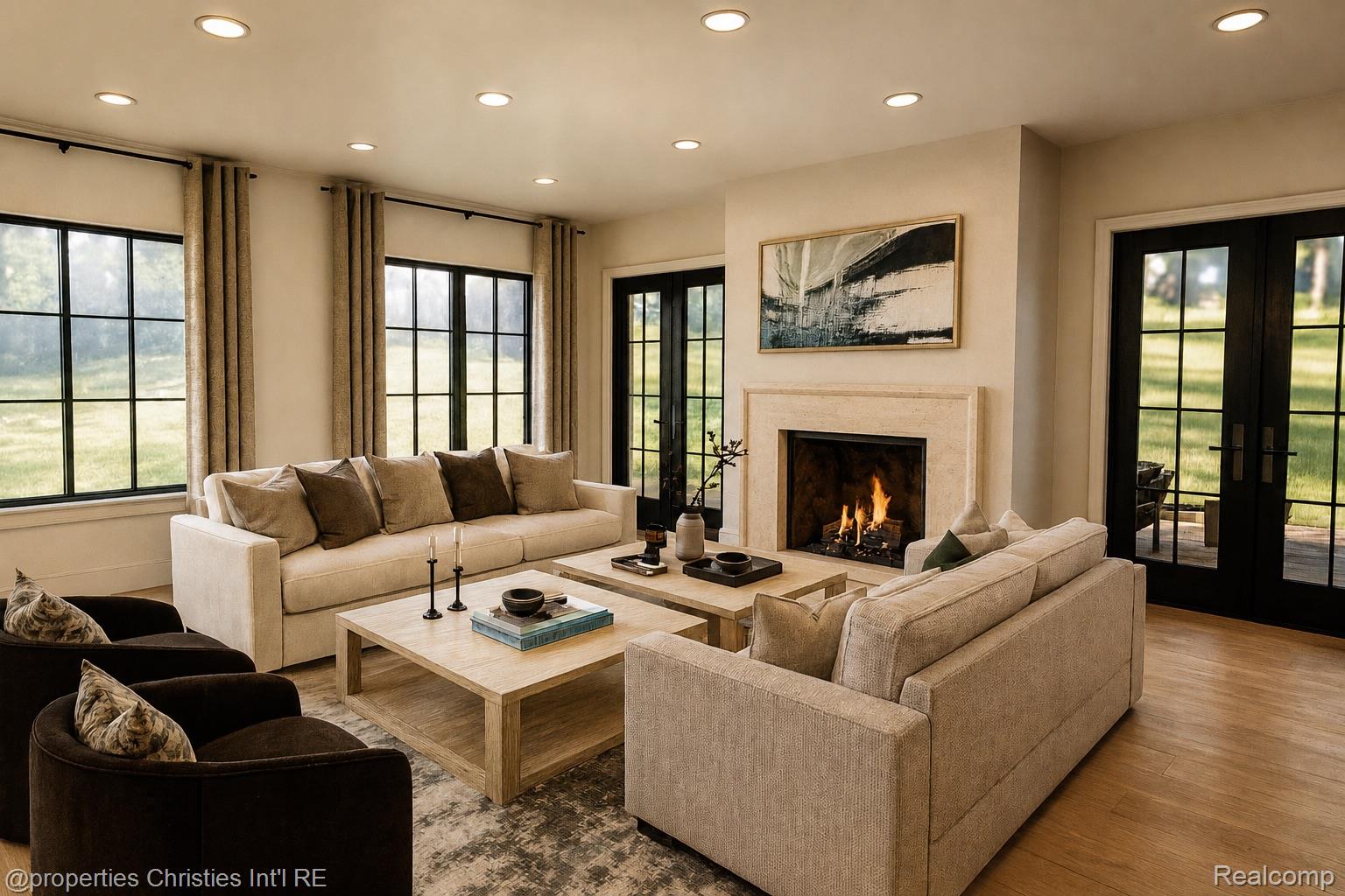 Living room with a lit fireplace, large black-framed windows, and neutral sofas.