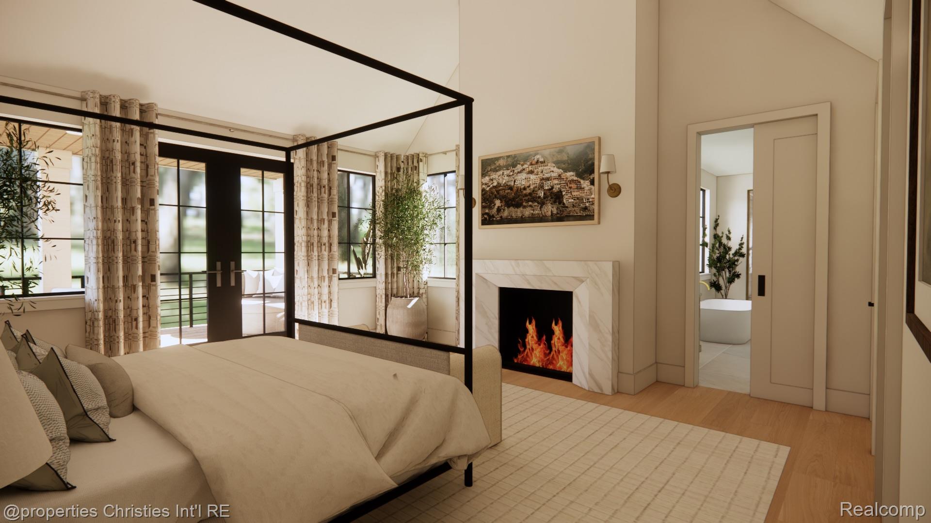 Bedroom with a black-framed four-poster bed, marble fireplace, and doorway to a bathroom with a freestanding tub.