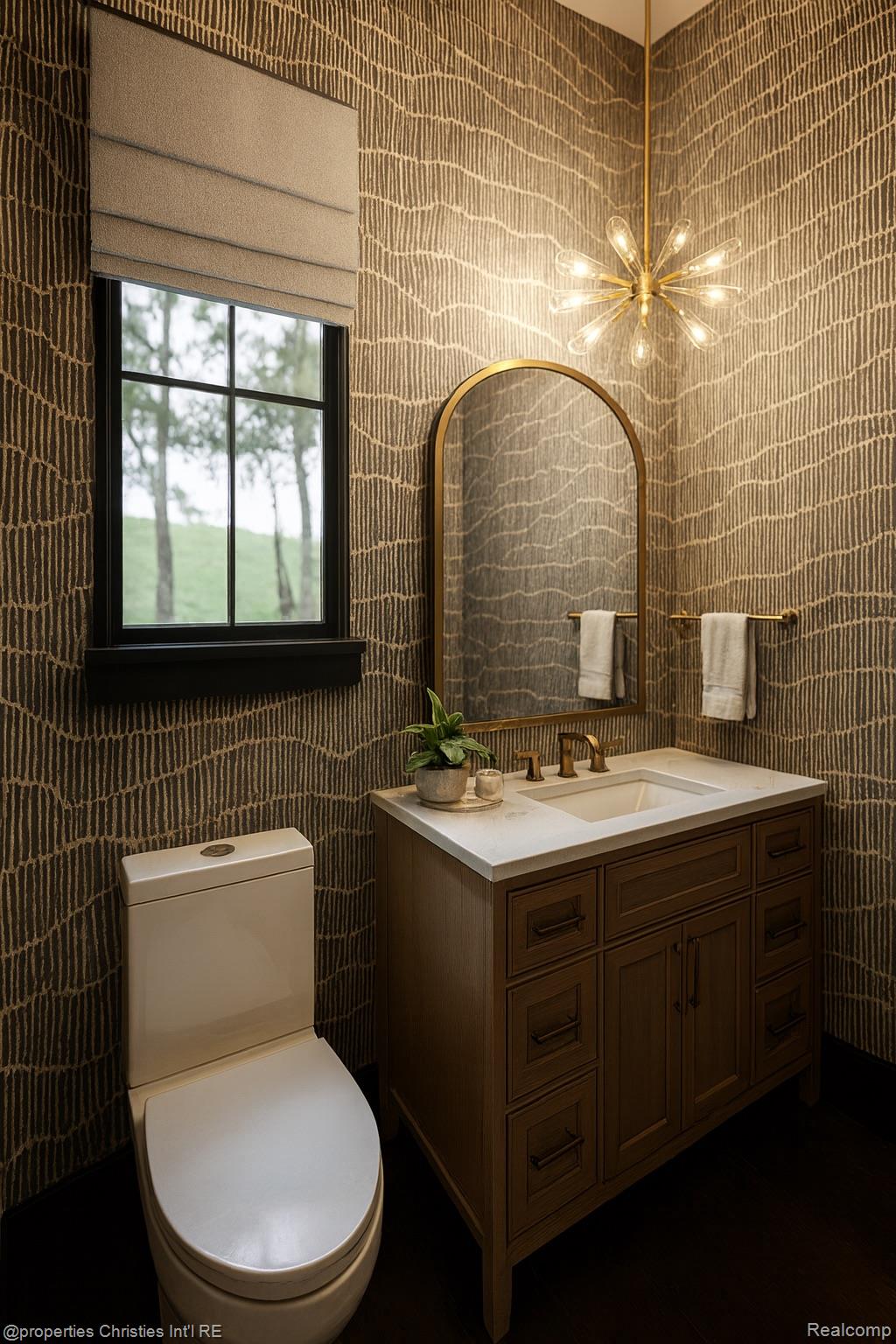 Bathroom with a dark wood vanity, arched gold-framed mirror, and textured patterned walls.