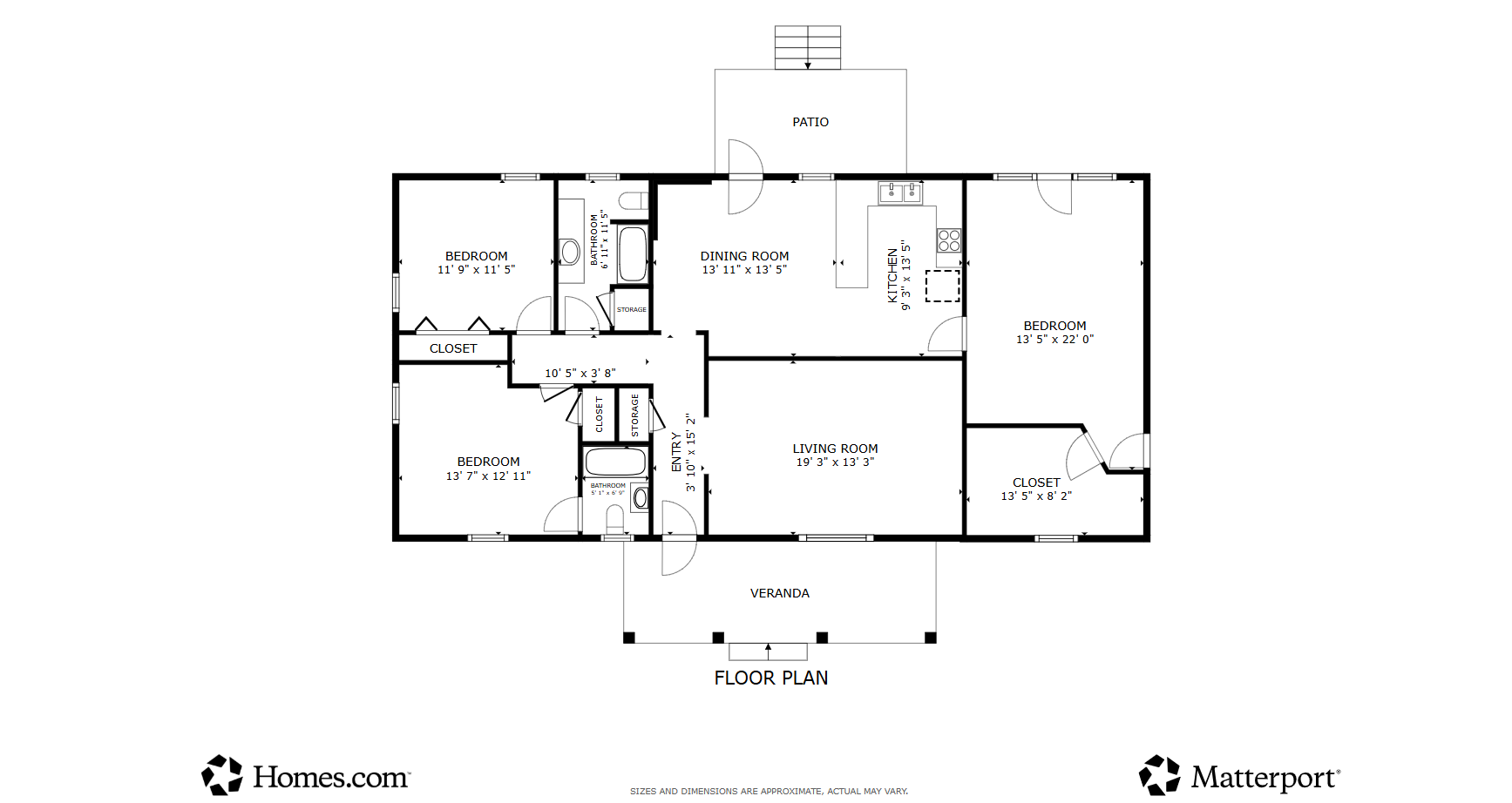 Floor plan showing three bedrooms, two bathrooms, living and dining rooms, kitchen, patio, and veranda.
