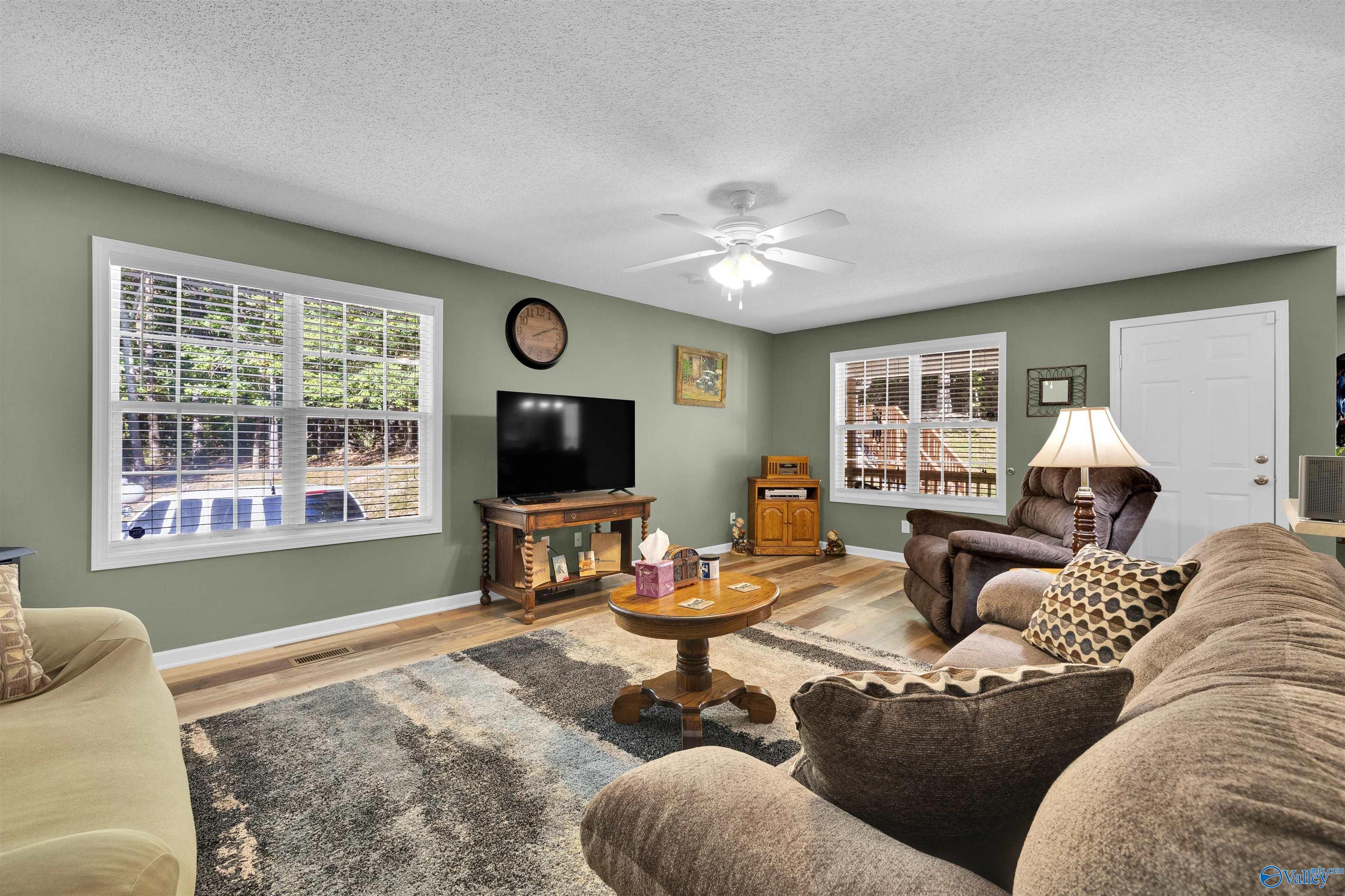 Furnished living room with sage-green walls, large windows, brown recliners, and a television.