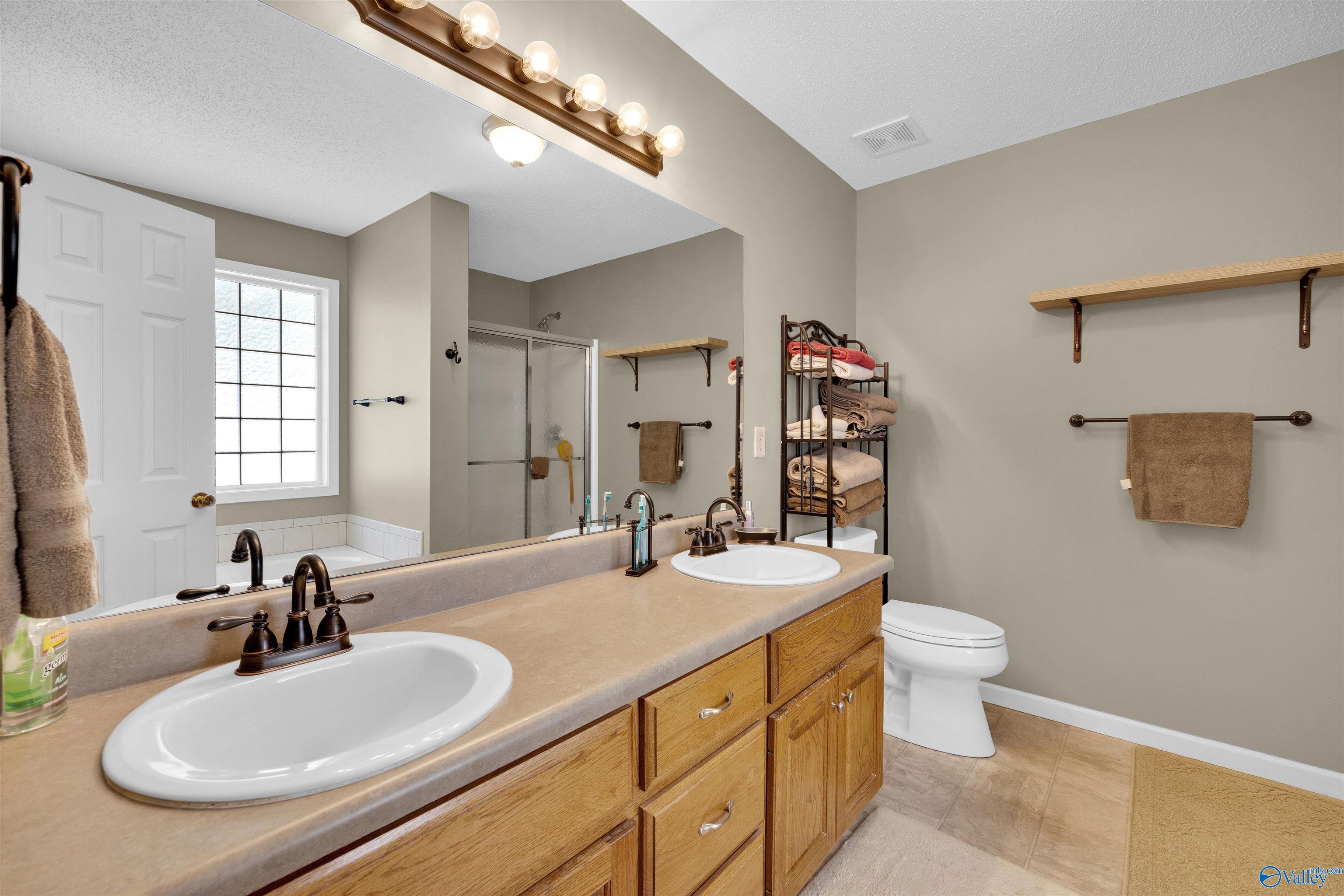 Bathroom with a long double-sink vanity, large mirror, glass shower, and window-side bathtub.