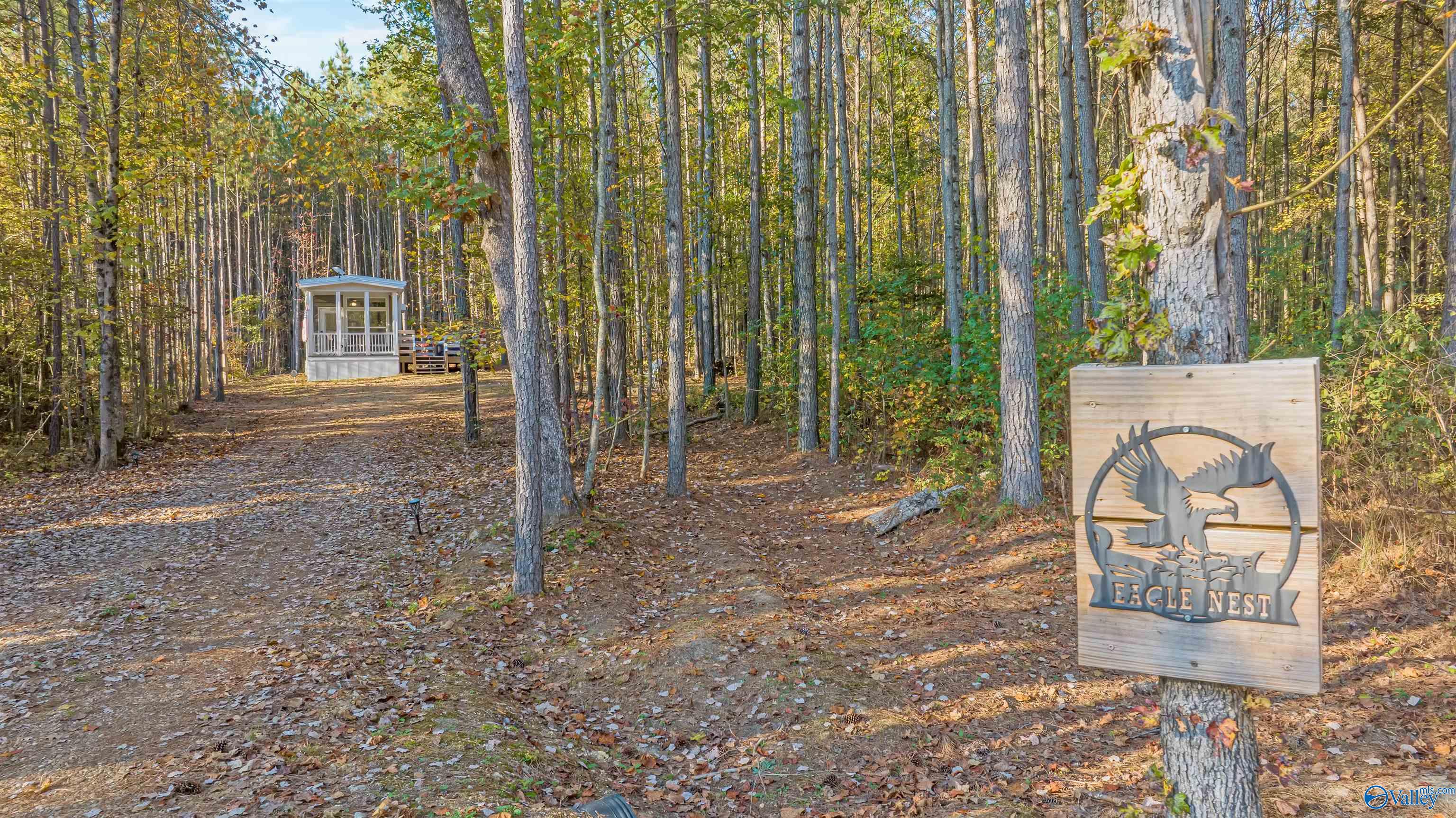 Wooded lot with a small cabin and deck, marked by an Eagle Nest sign on a foreground tree.