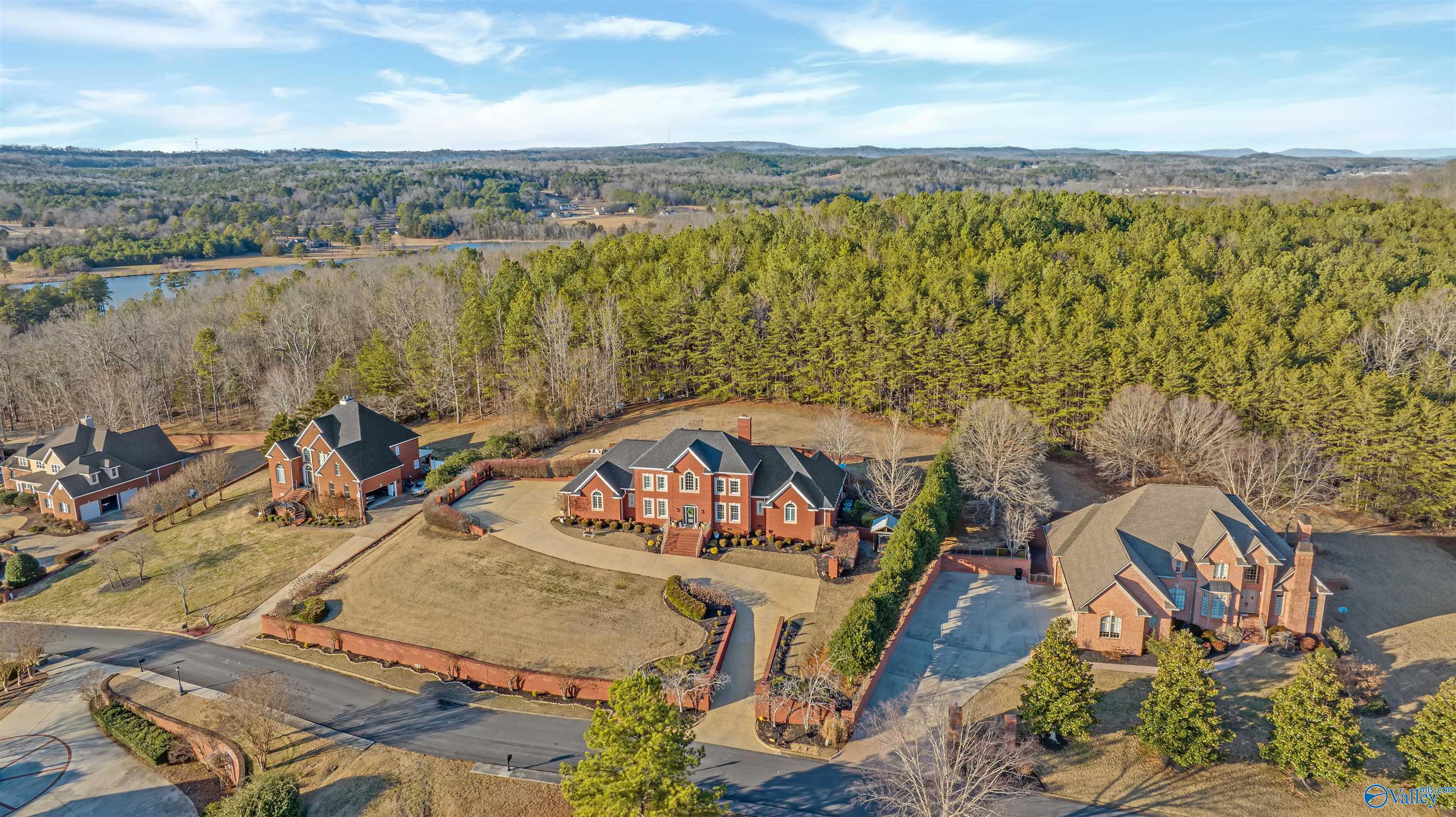 Aerial view of red-brick homes, wooded surroundings, and a distant lake.