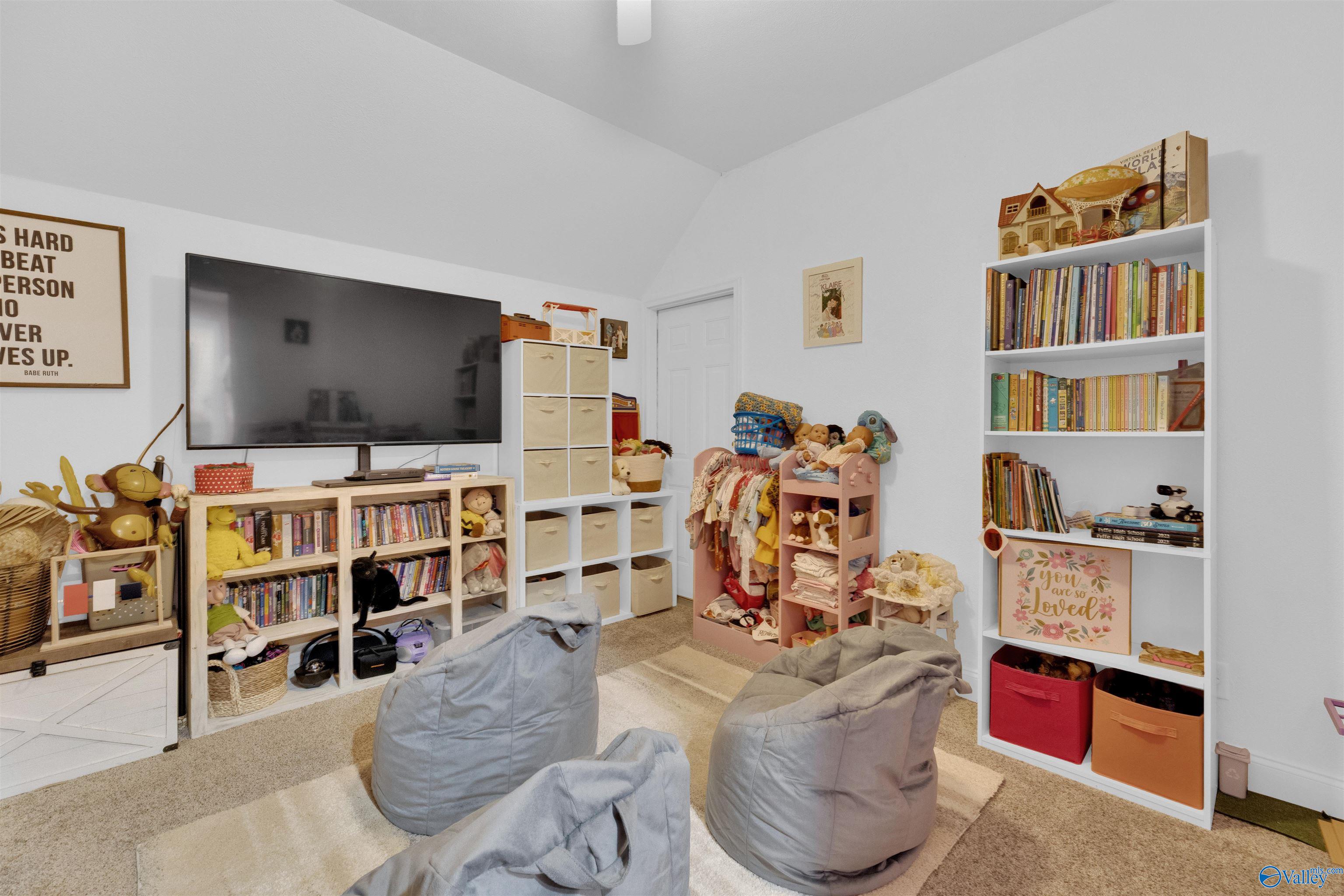 Playroom with beanbag chairs, toy storage, bookshelves, and a large television.