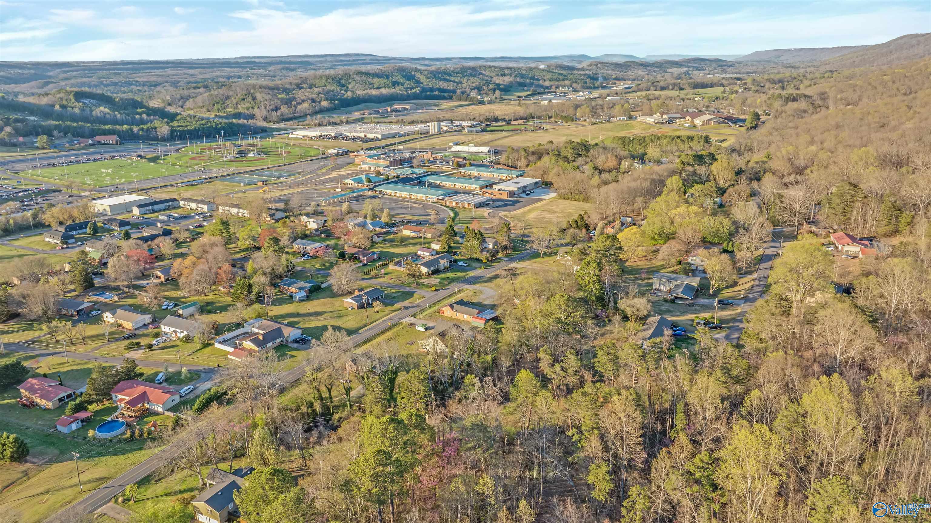 Aerial view of homes, wooded hills, and sports fields in Fort Payne.