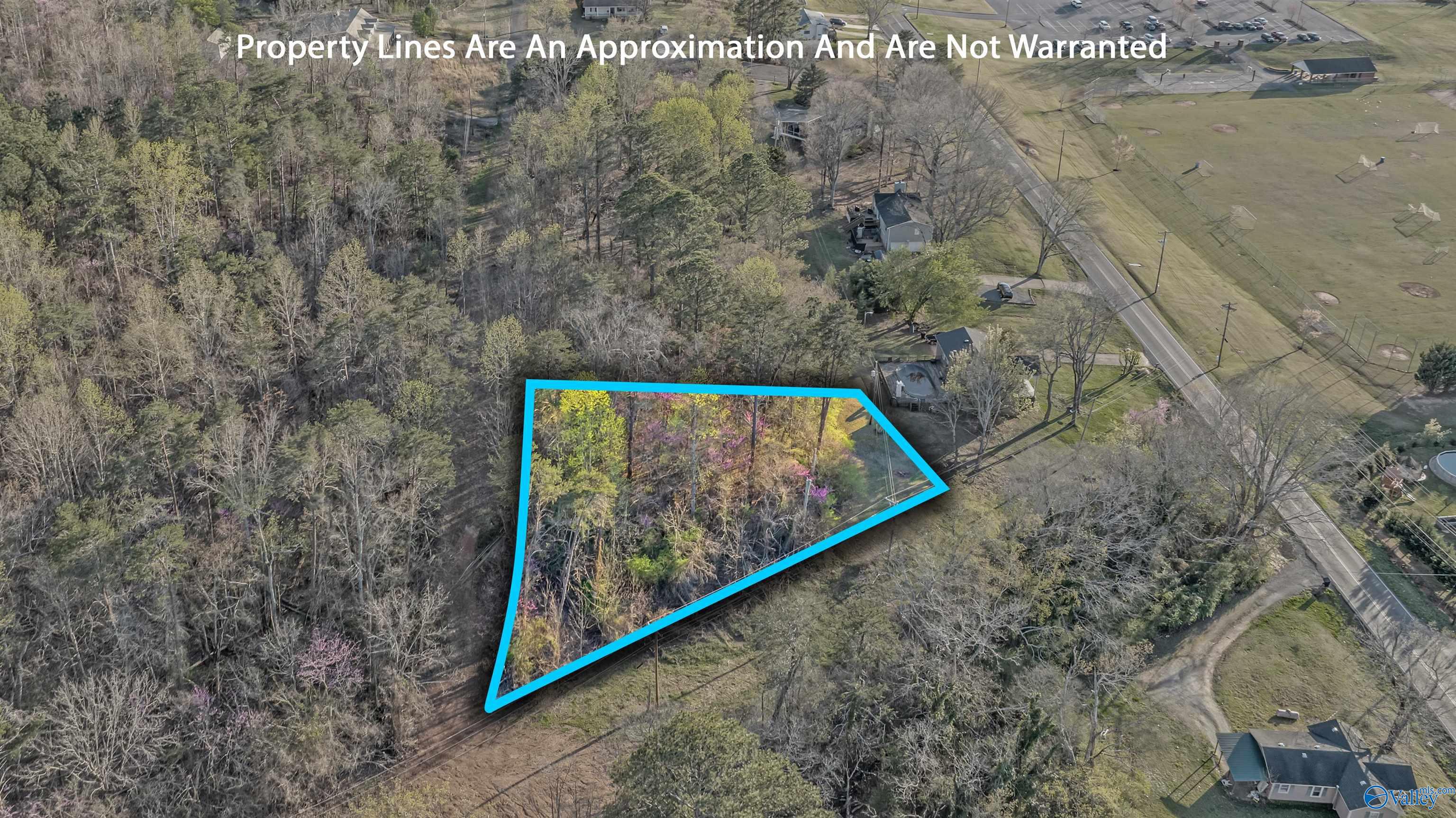 Aerial view of wooded Lot 7 outlined in blue beside Martin Avenue and sports fields.
