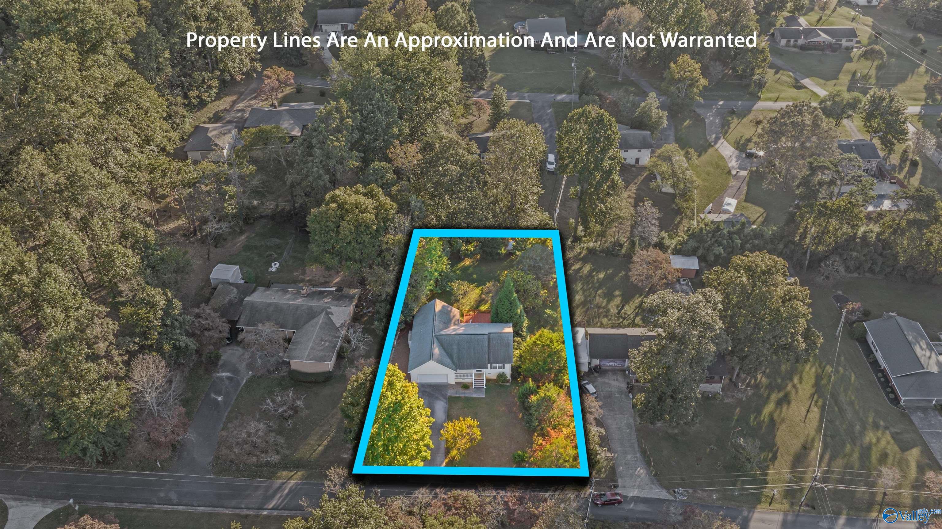 Aerial view of a home and tree-filled lot outlined in blue, surrounded by neighboring houses.