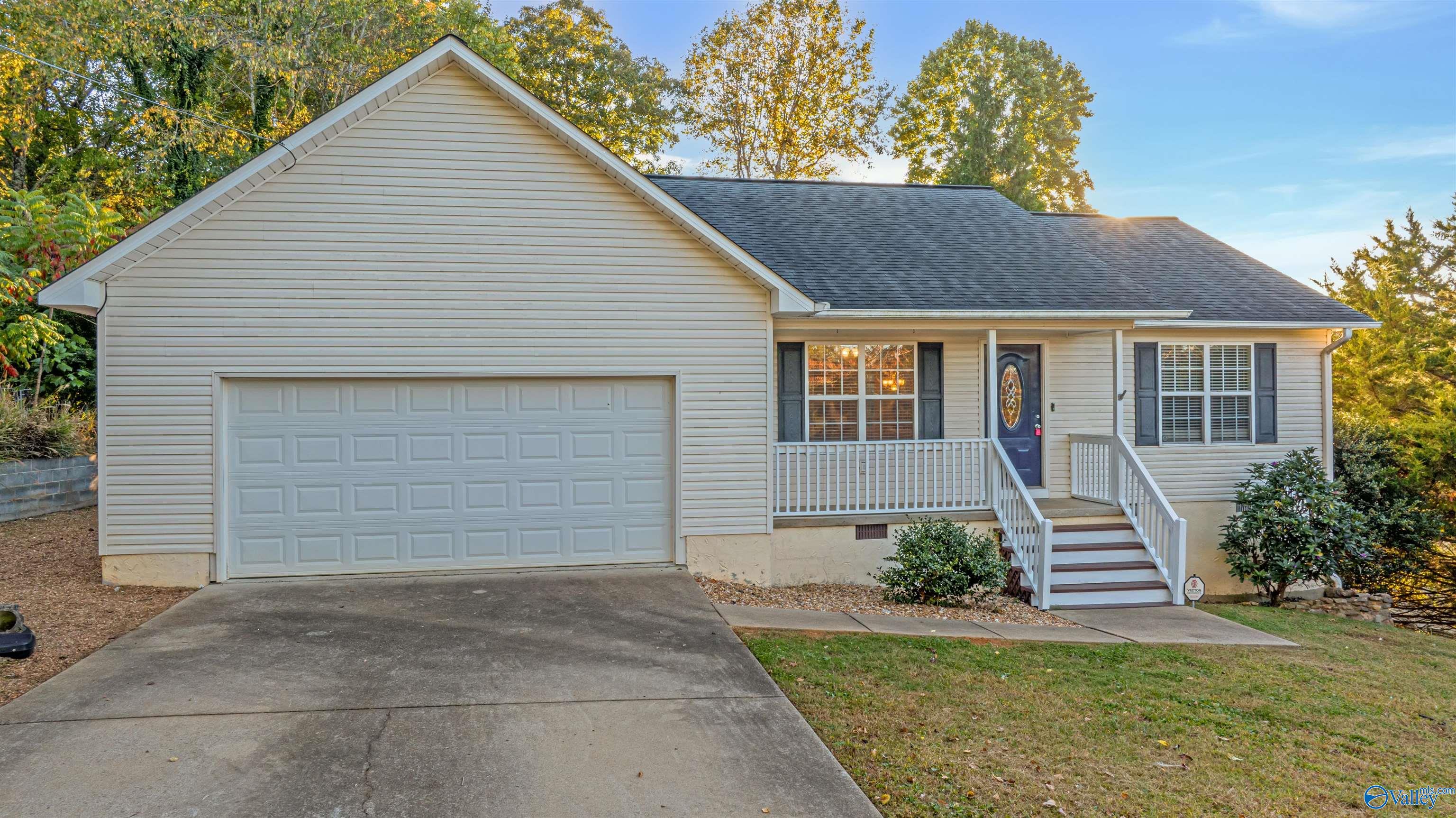 Single-story home with a two-car garage, raised porch, and broad concrete driveway.