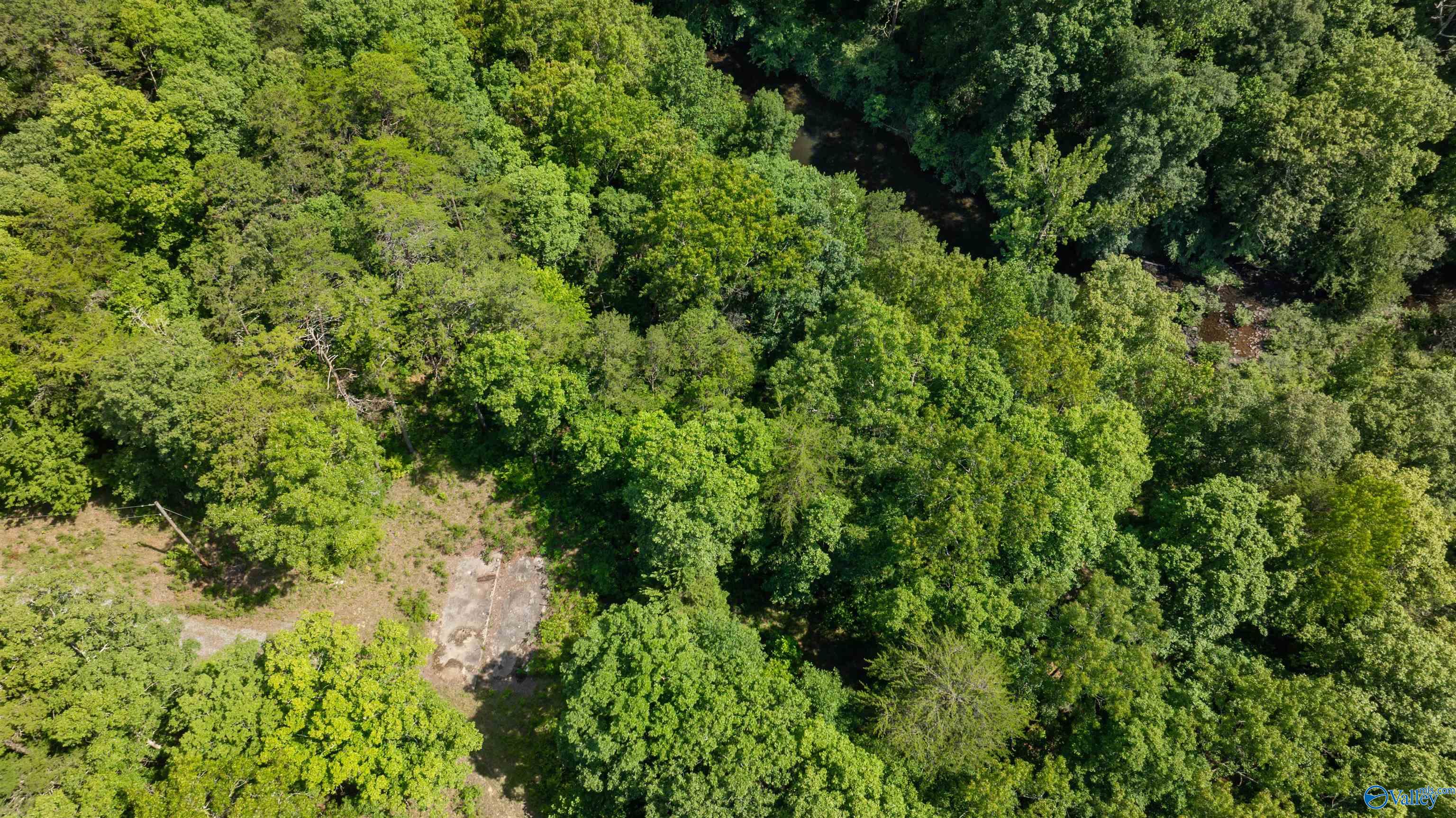 Aerial view of wooded acreage with a creek and a small clearing.