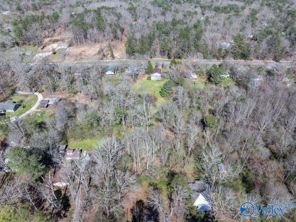 Aerial view of a wooded property with homes and outbuildings near a road.