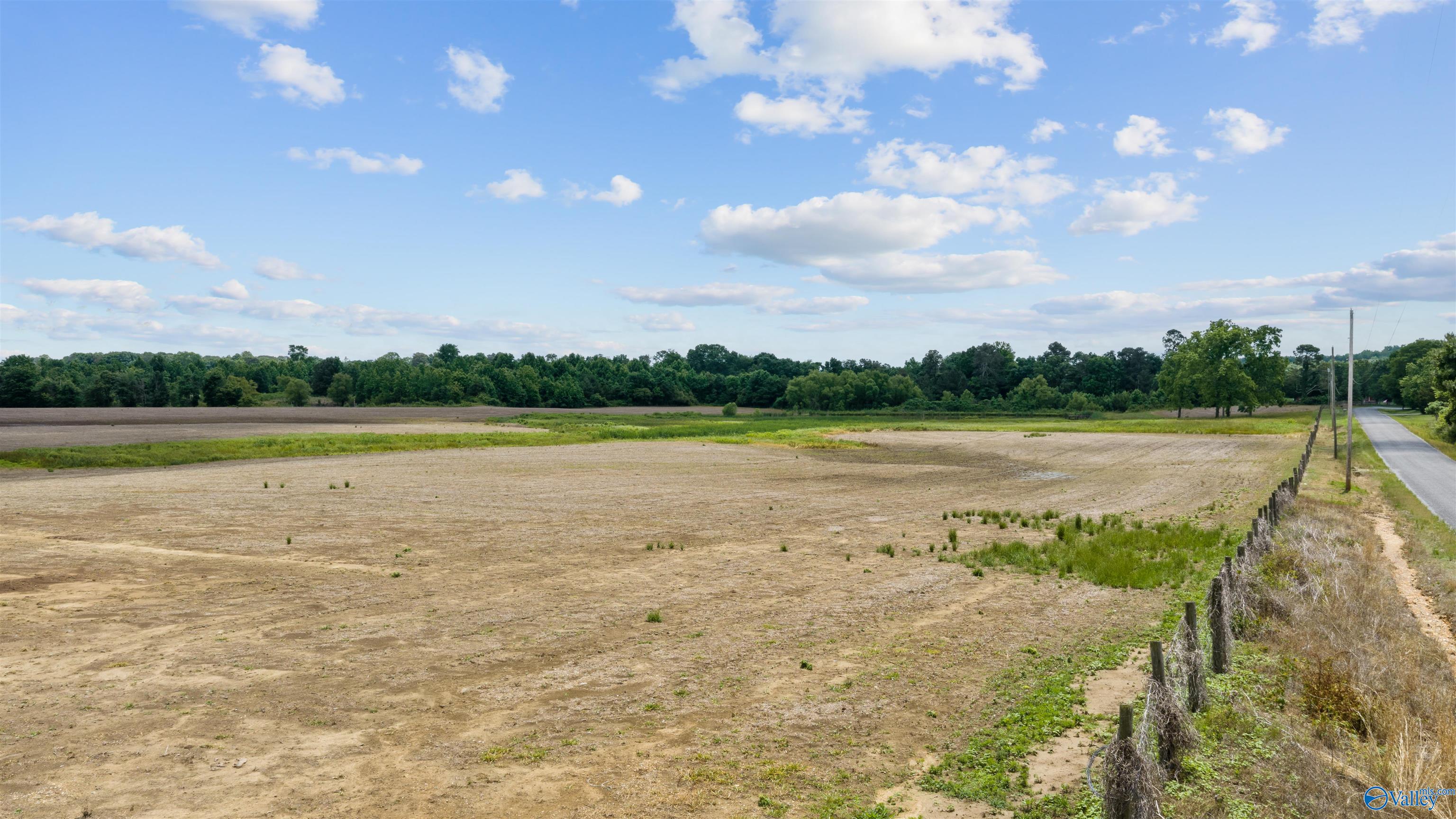 Cleared acreage bordered by a tree line, with a fence and country road.