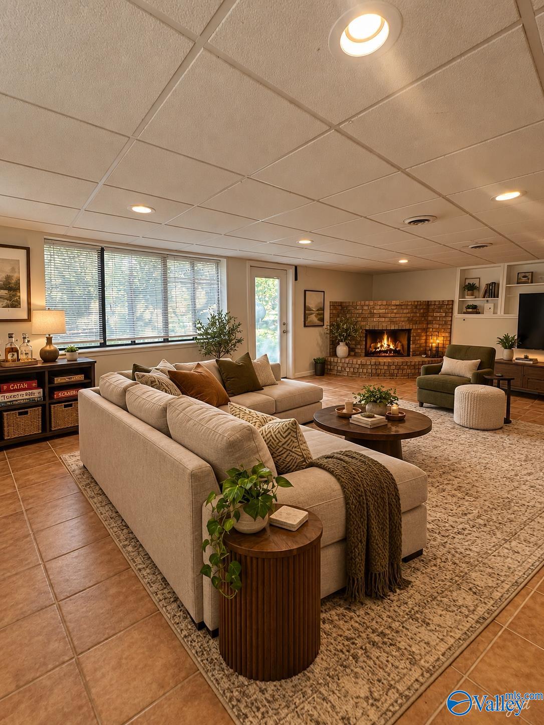 Furnished living room with a brick fireplace, beige sectional, and large window with blinds.