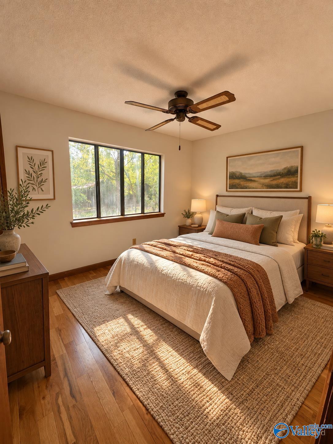 Furnished bedroom with a wide window, hardwood floors, and a bed with rust-colored accents.