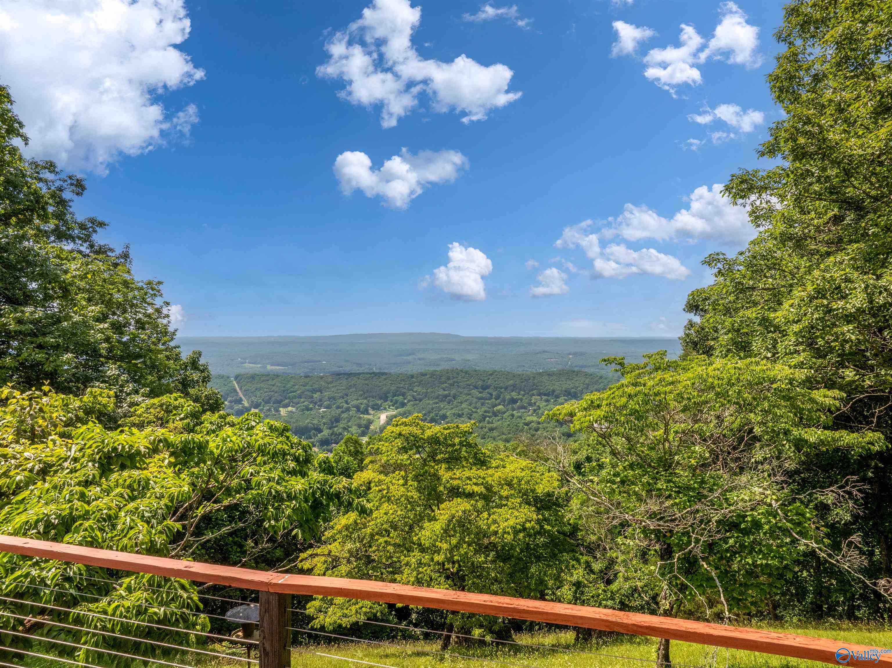 Forest valley and distant ridgelines viewed from a deck framed by trees.
