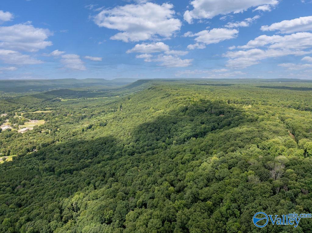 Aerial view across densely wooded ridges and hills beneath a partly cloudy sky.